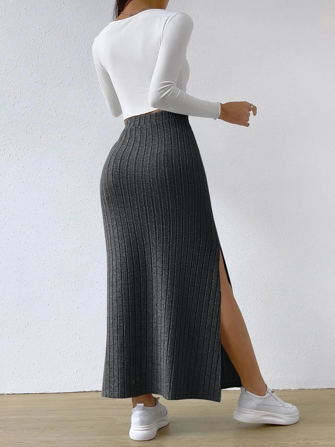 High Waist Ribbed Knit Maxi Skirt - cas7m