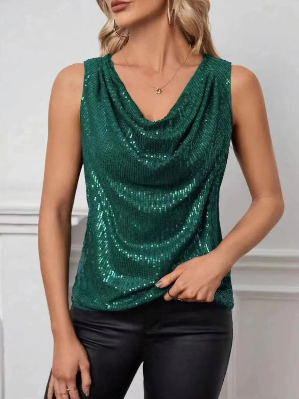 Sequin Cowl Neck Tank - cas7m