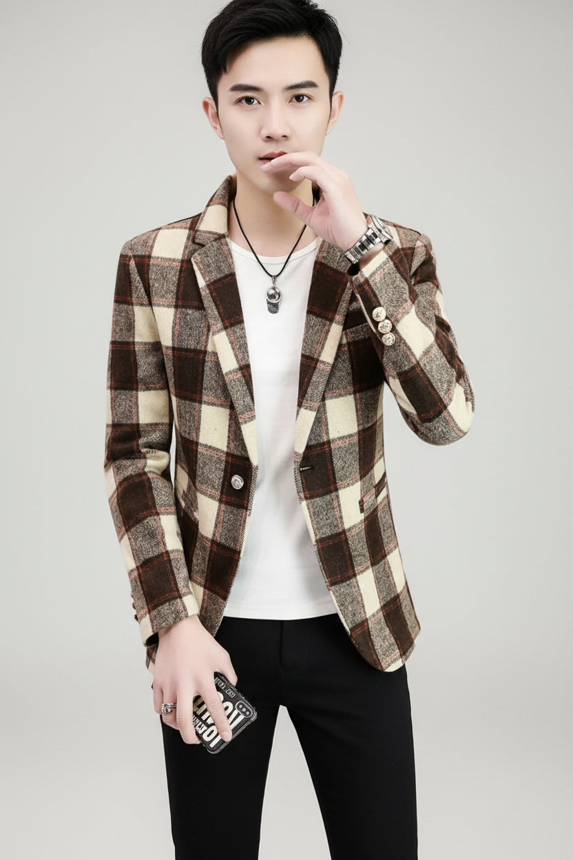 Men's Plus Size Plaid Slim Fit Blazer - cas7m