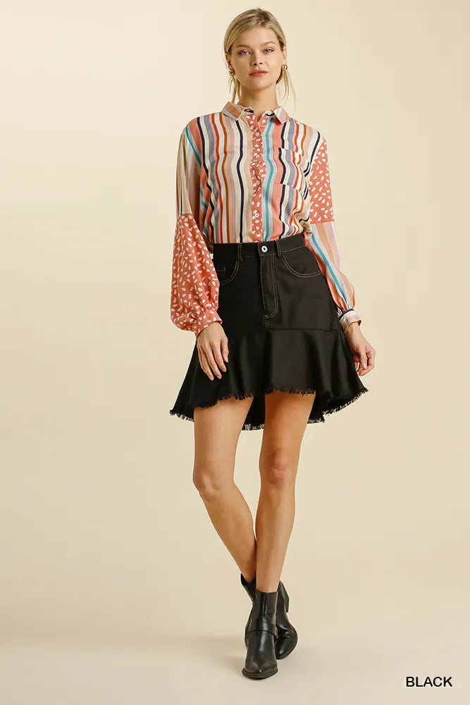 Umgee Linen Blend 5 Pockets High Low Skirt with Frayed Hem - cas7m