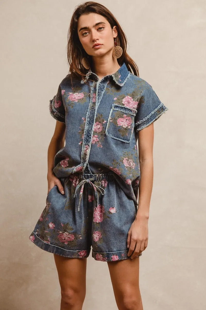 BiBi Floral Printed Denim Short Pants With Pocket - cas7m