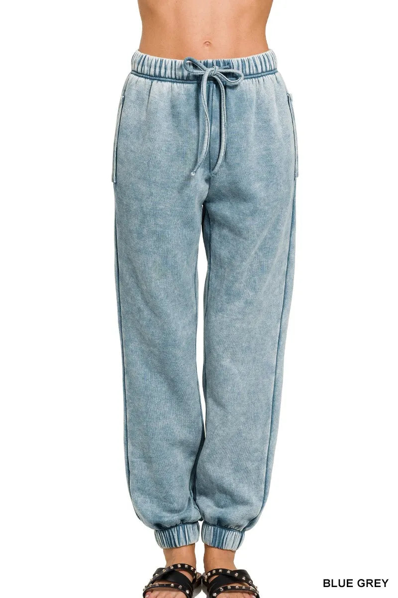 Zenana Acid Wash Fleece Sweatpants with Pockets - cas7m