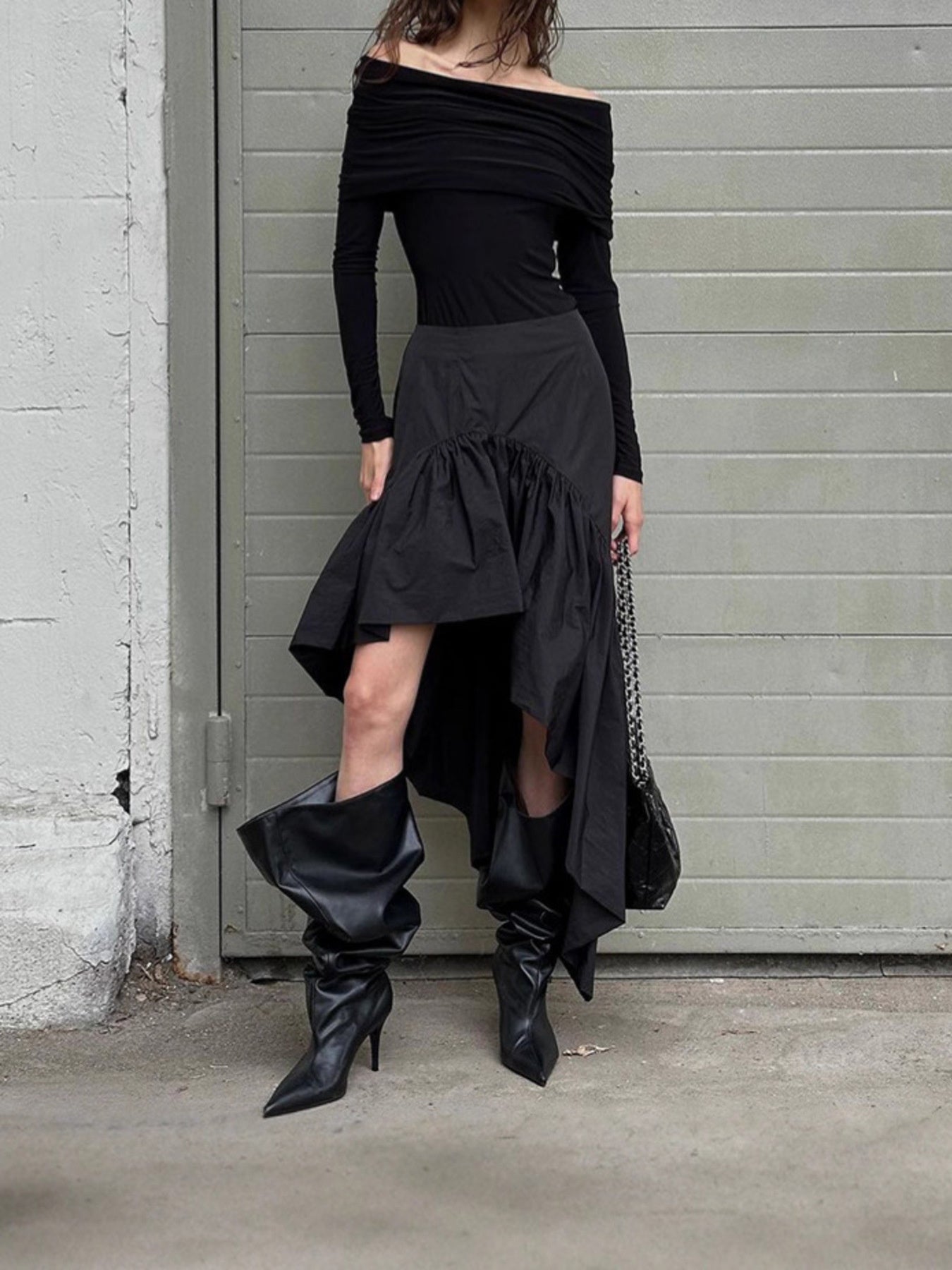 Asymmetrical Ruffle Hem Midi Skirt - cas7m