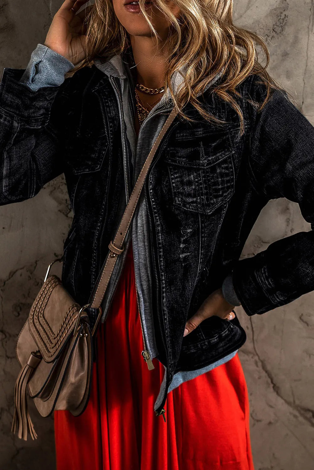 Fake Two-Piece Hooded Zip-Up Denim Jacket - cas7m