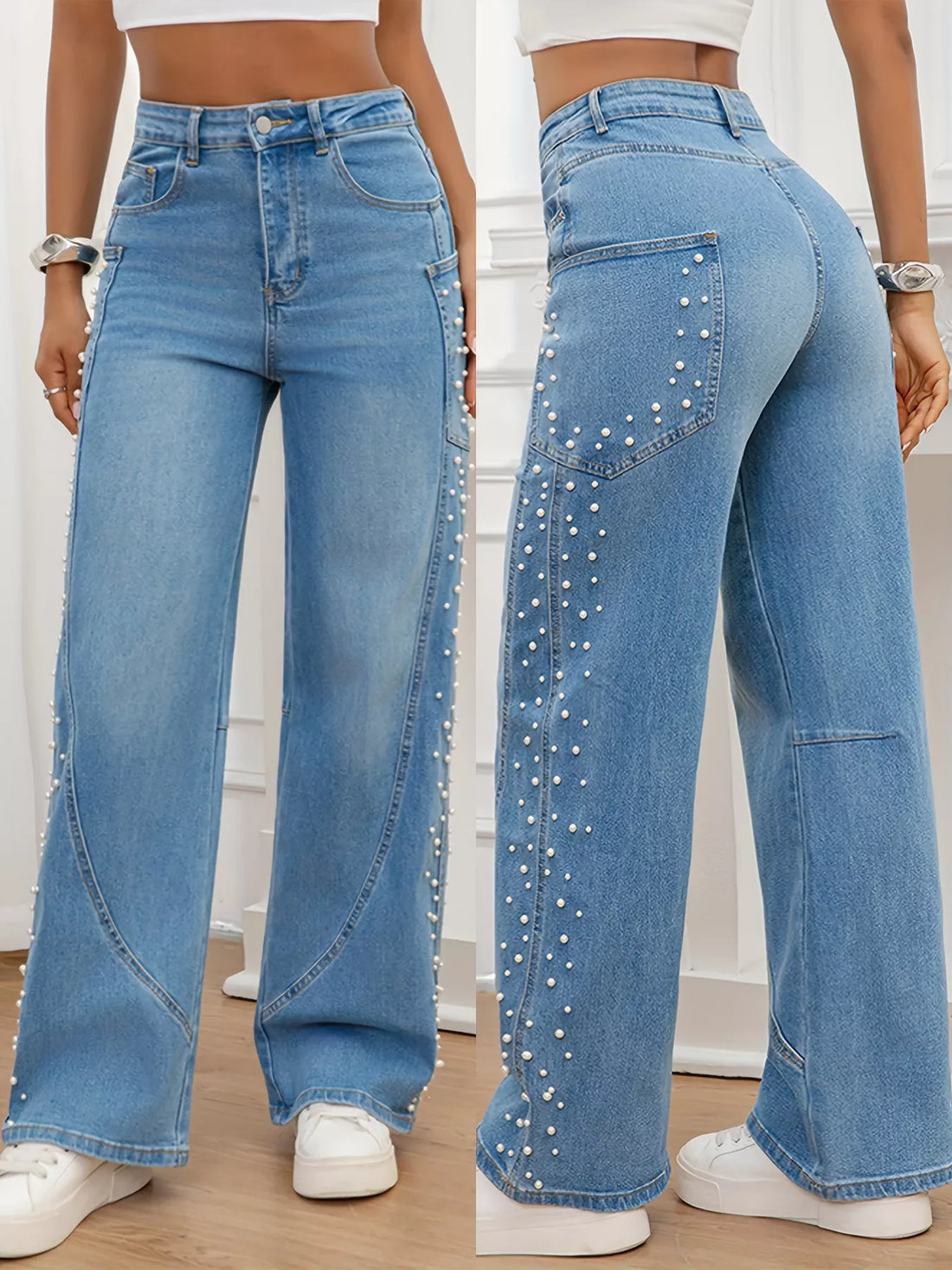 Pearl Embellished Wide Leg Jeans - cas7m