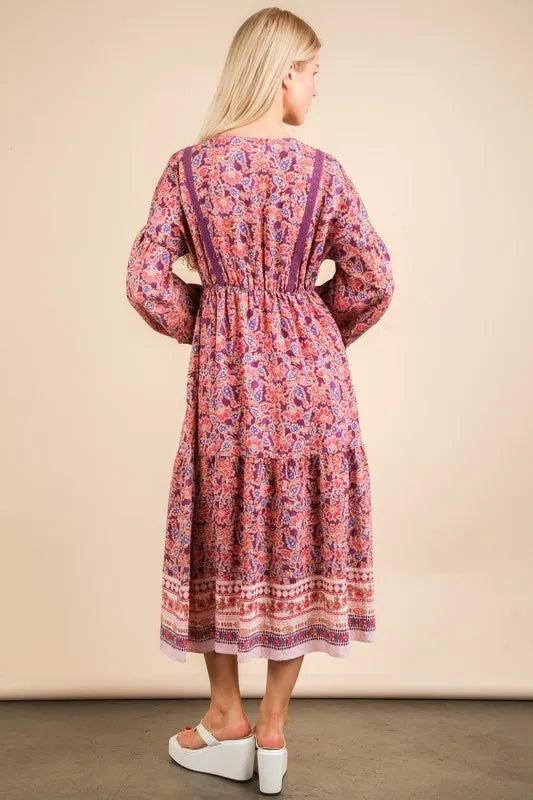 VERY J Floral Printed Boho V-Neck Balloon Sleeve Dress - cas7m