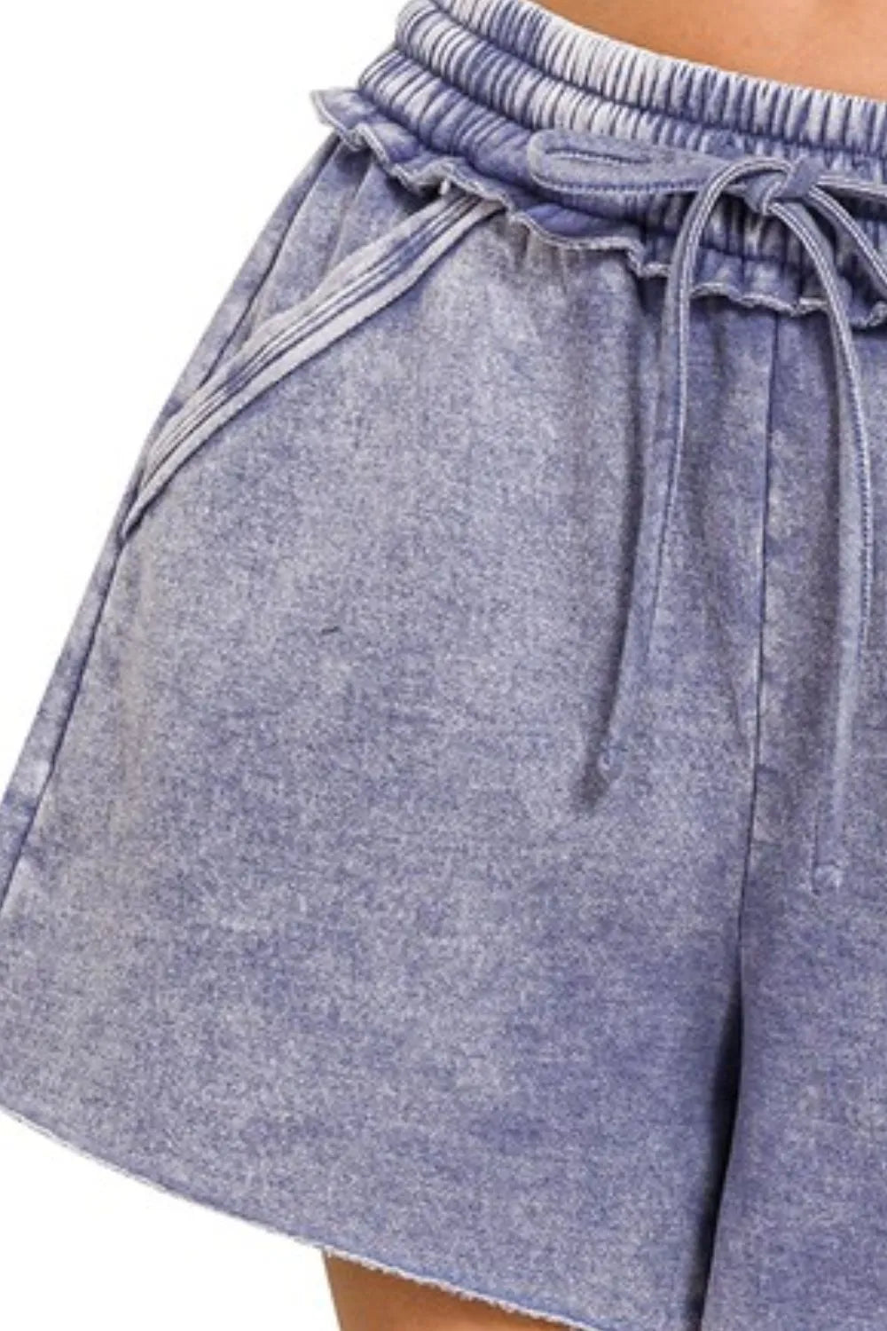 Zenana Acid Wash Fleece Drawstring Shorts With Pockets - cas7m