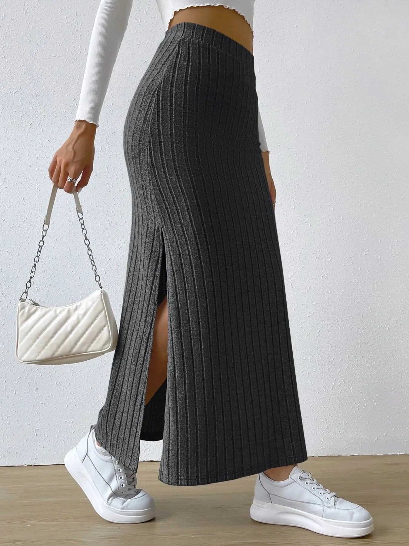 High Waist Ribbed Knit Maxi Skirt - cas7m