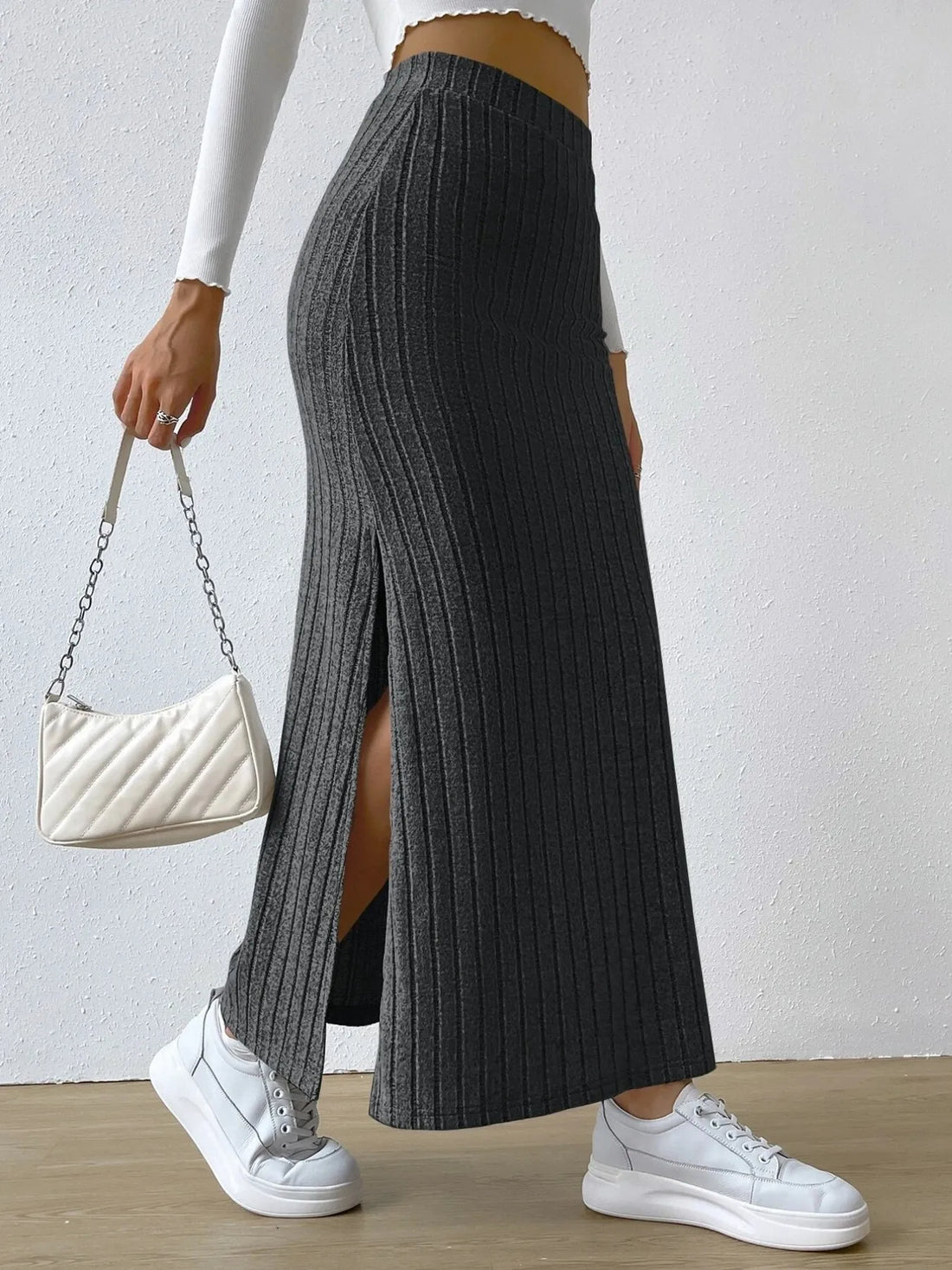 High Waist Ribbed Knit Maxi Skirt - cas7m