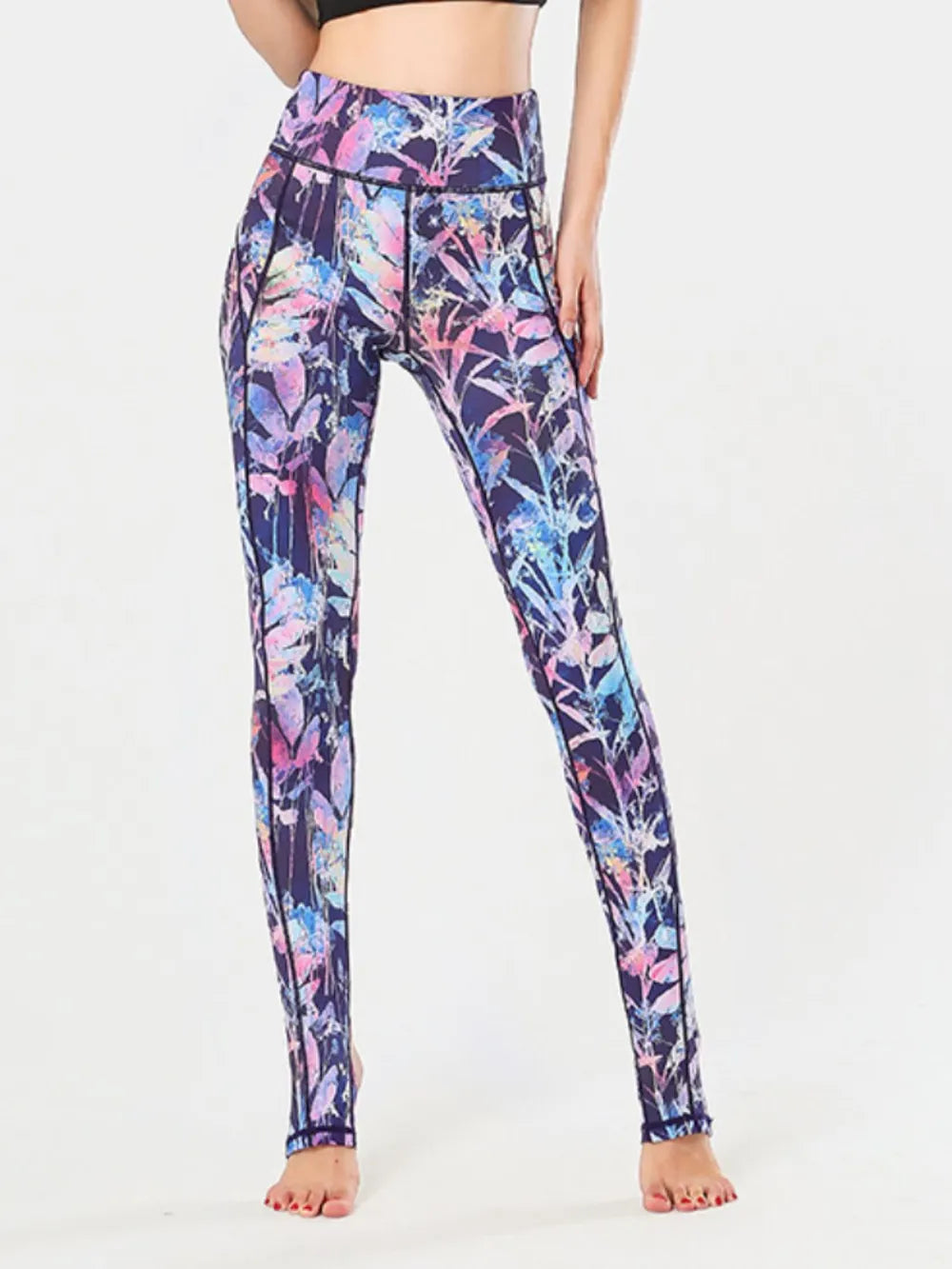 Printed Wide Waistband Active Leggings with Stirrups - cas7m