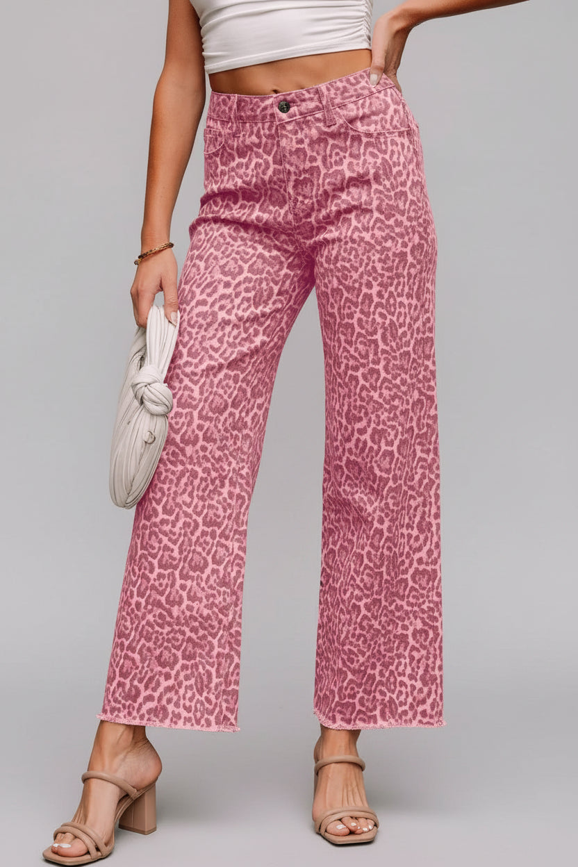 Leopard Frayed Edge Wide Leg High Waist Jeans - cas7m
