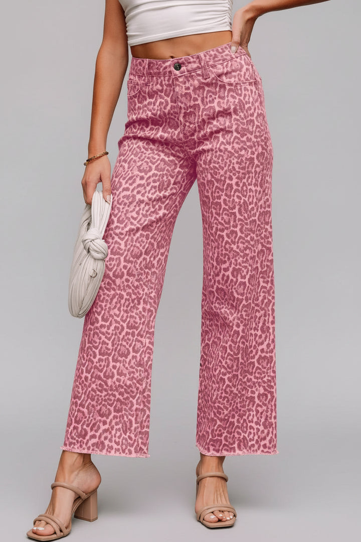 Leopard Frayed Edge Wide Leg High Waist Jeans - cas7m