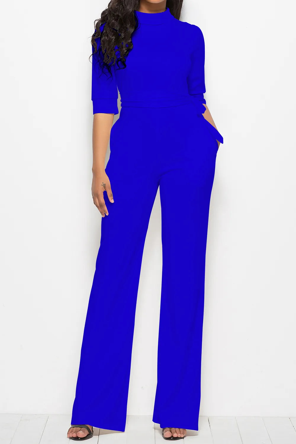 Mock Neck Tie-Waist Half Sleeve Jumpsuit - cas7m