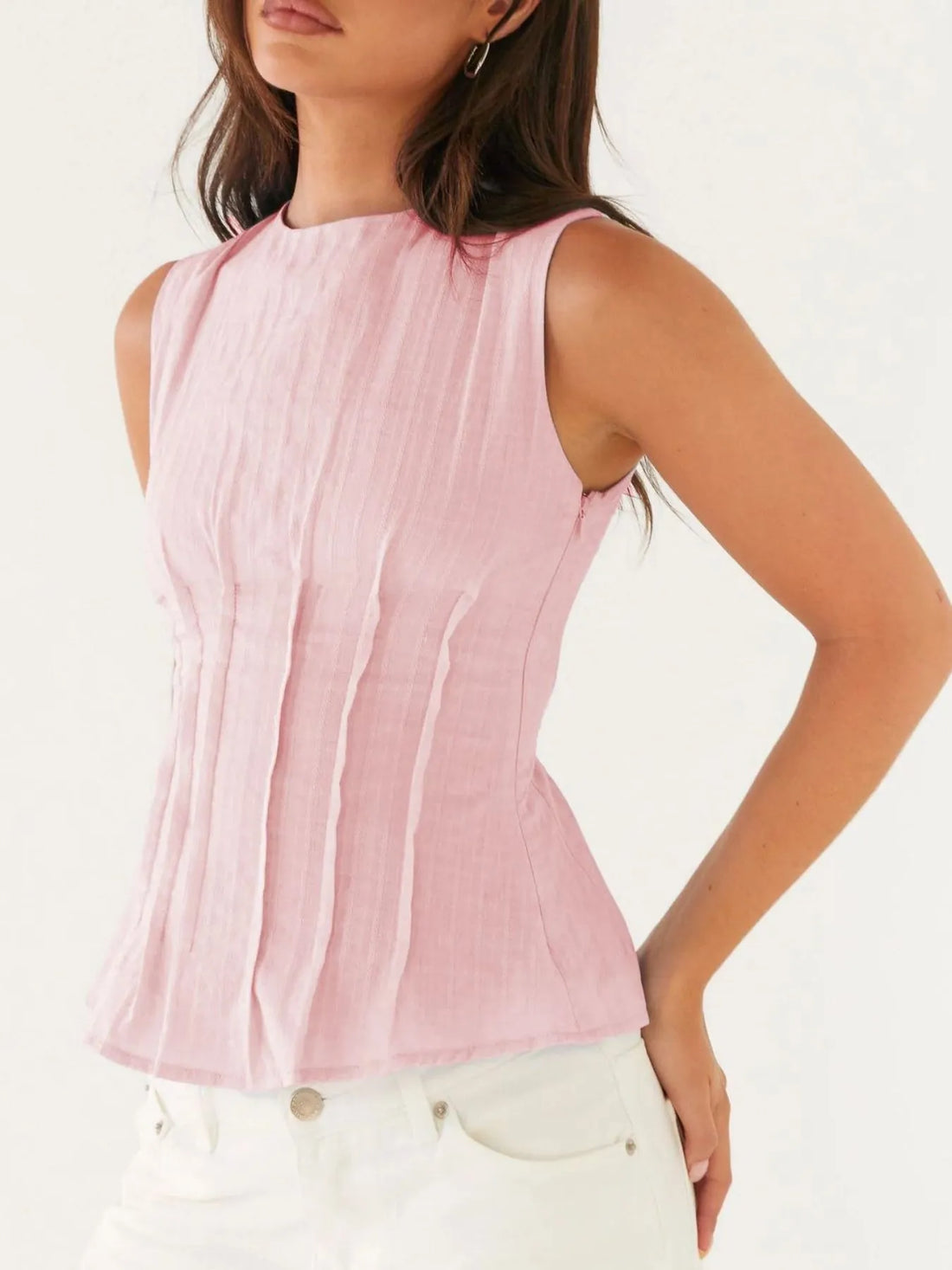 Back Lace Up Sleeveless Top with Cinched Waist Design - cas7m