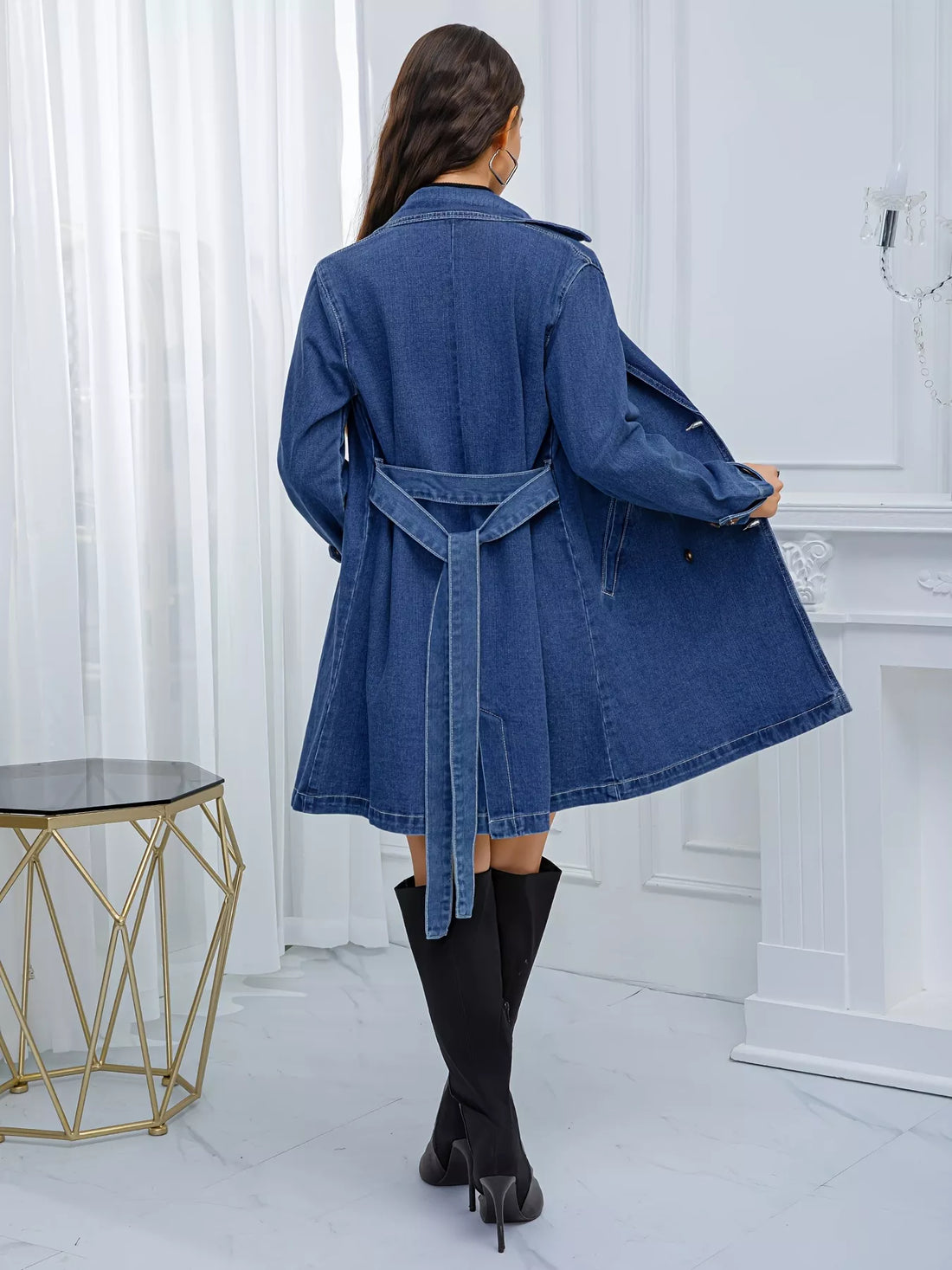 Belted Double-Breasted Denim Jacket - cas7m