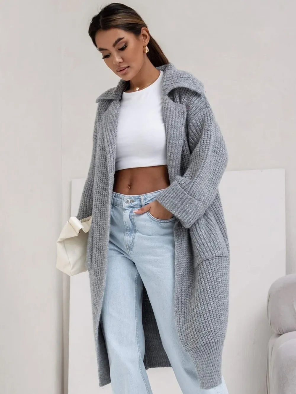 Pocketed Collared Neck Dropped Shoulder Cardigan - cas7m