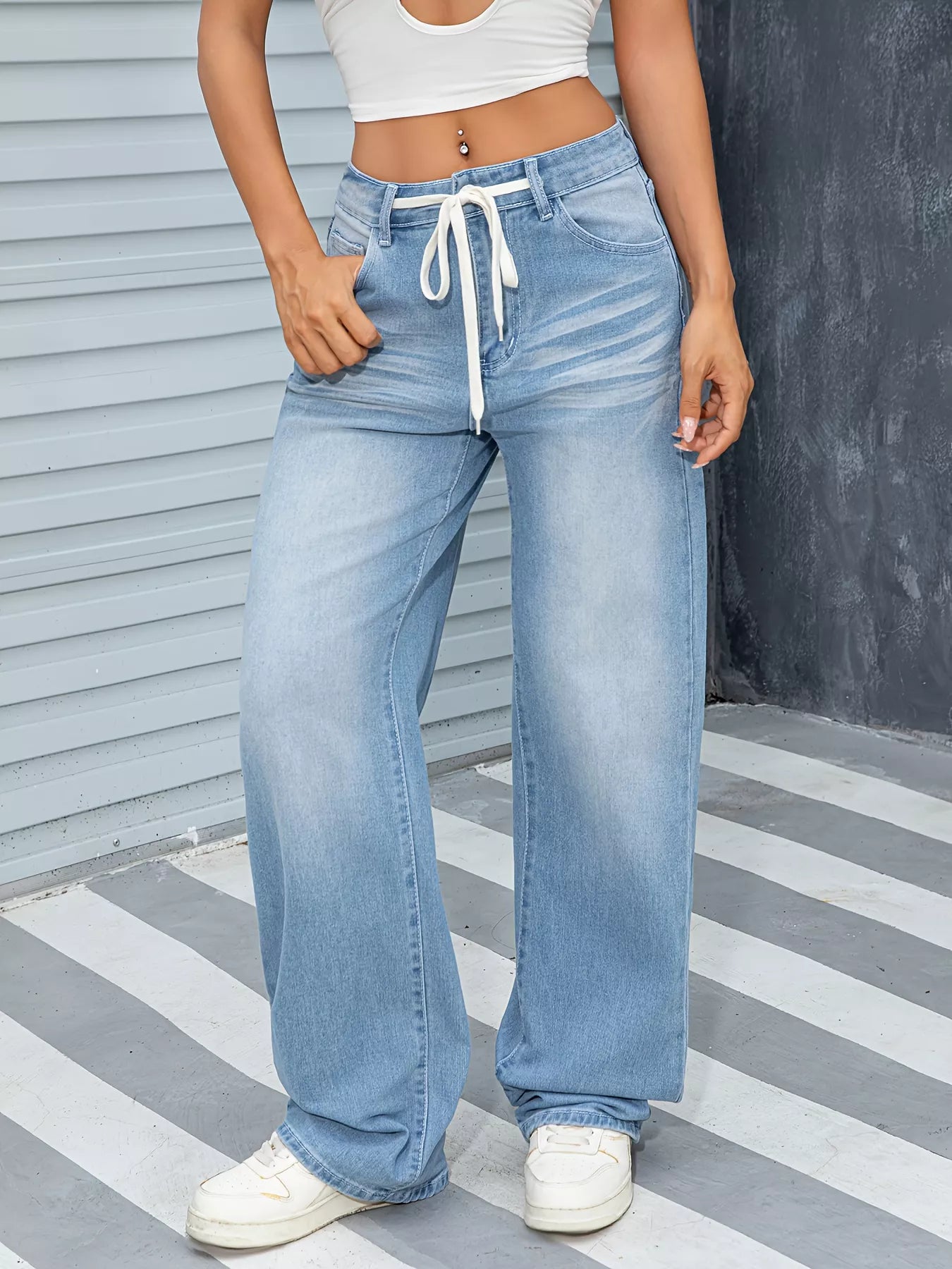 Wide Leg Washed Jeans - cas7m