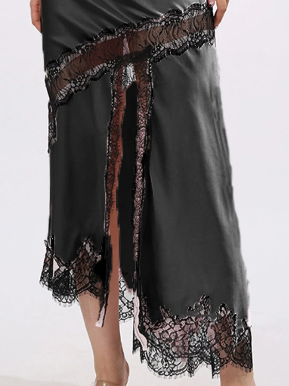 Lace Trim Asymmetrical Midi Skirt - cas7m