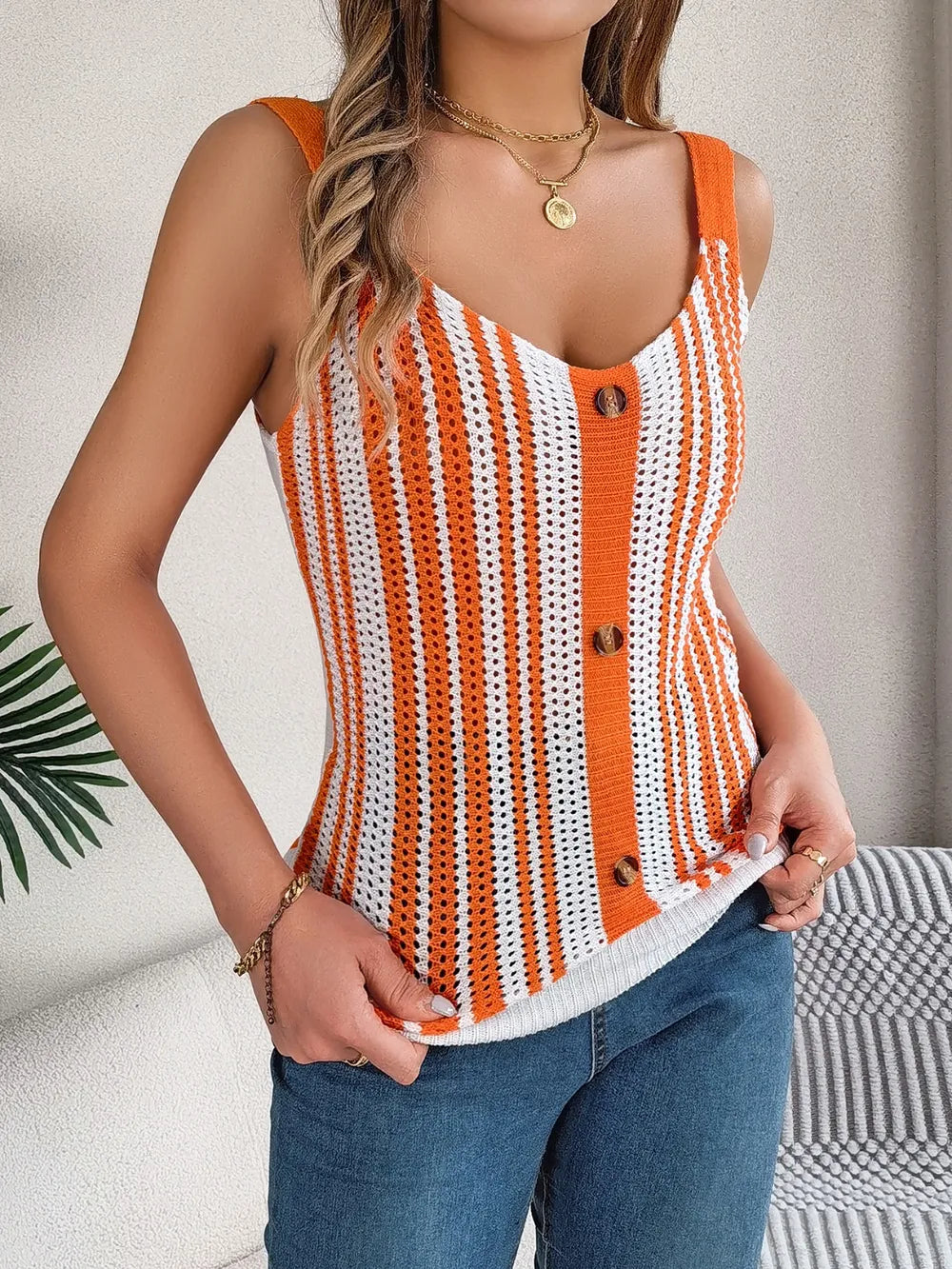 Openwork Striped V-Neck Tank - cas7m