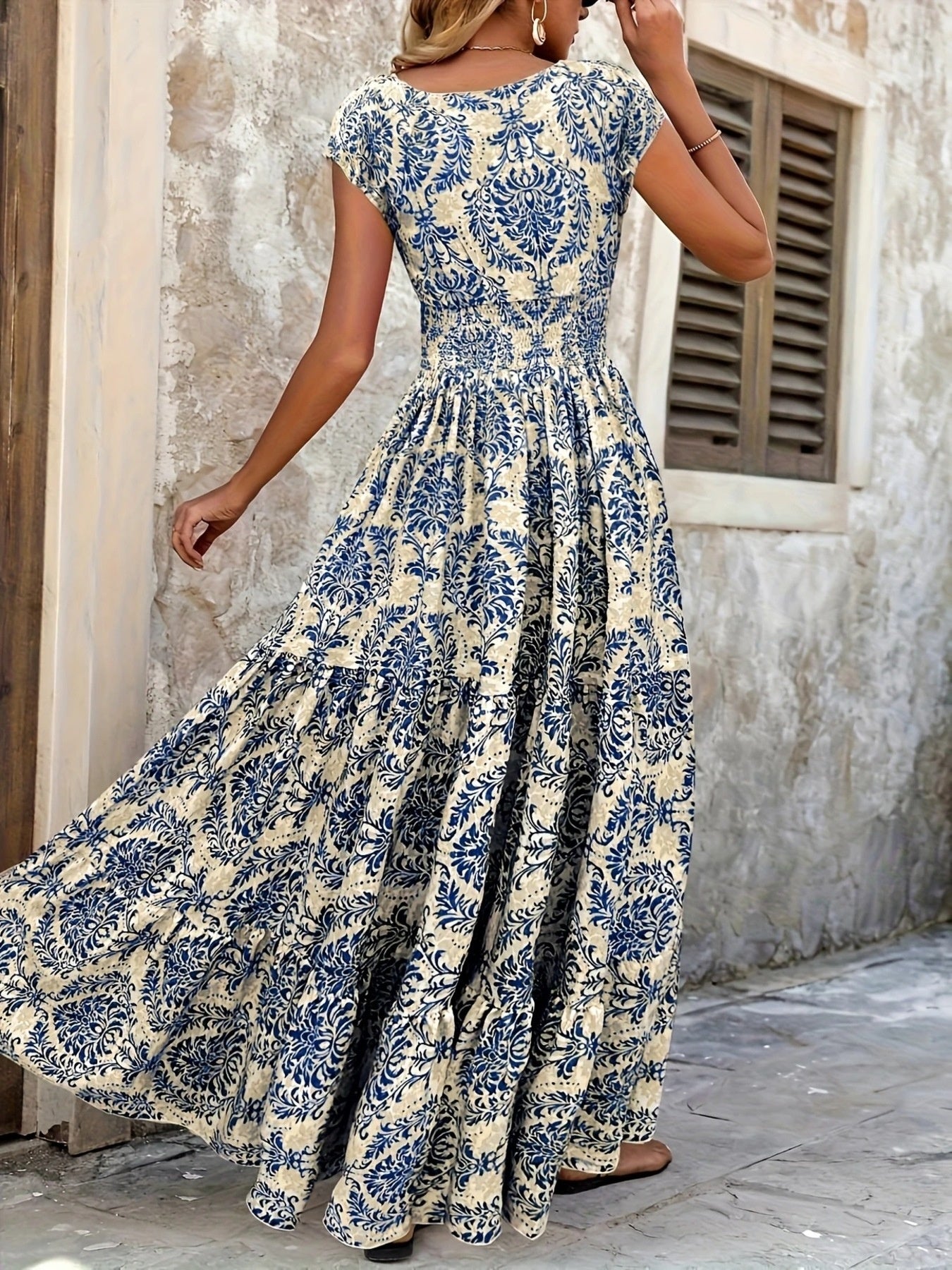 Smocked Tiered Maxi Dress - Chic Polyester Statement - cas7m