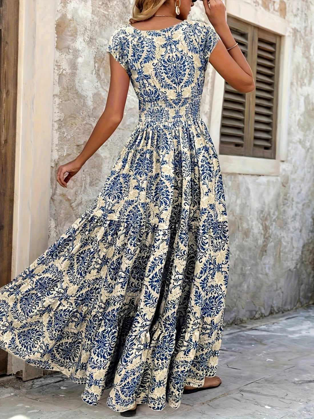 Smocked Tiered Maxi Dress - Chic Polyester Statement - cas7m