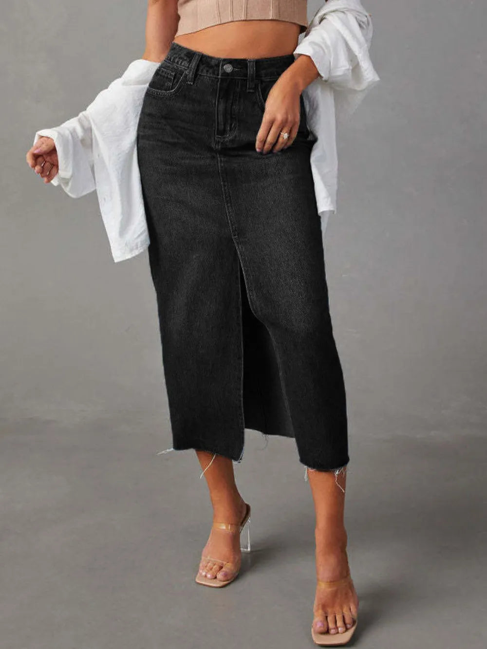 Raw Hem Front Slit Denim Midi Skirt - cas7m