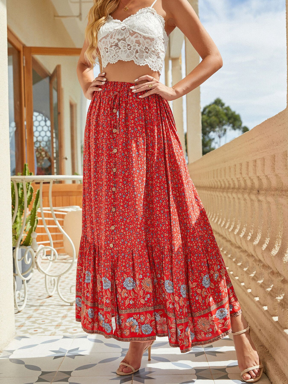 Floral Print Slit Skirt - cas7m