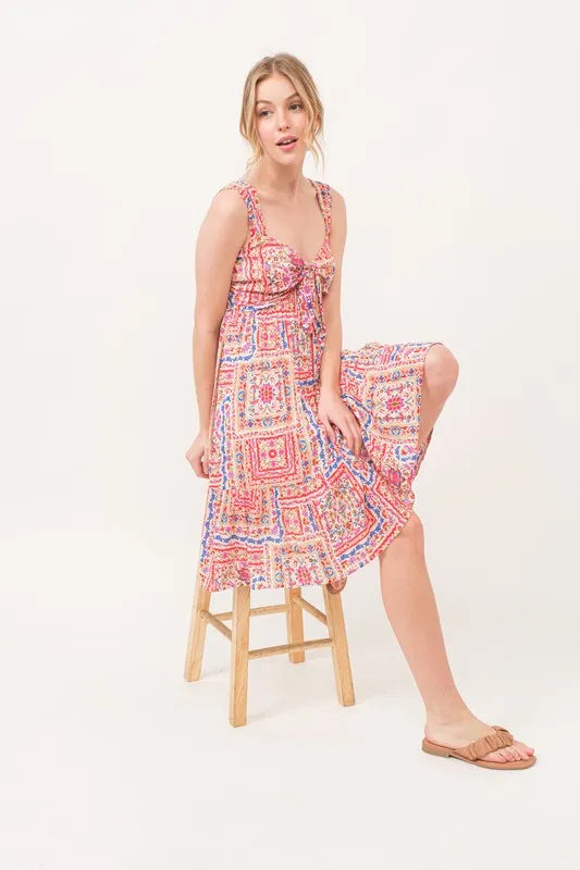 And The Why Tied Front Smocked Back Tiered Boho Printed Dress - cas7m