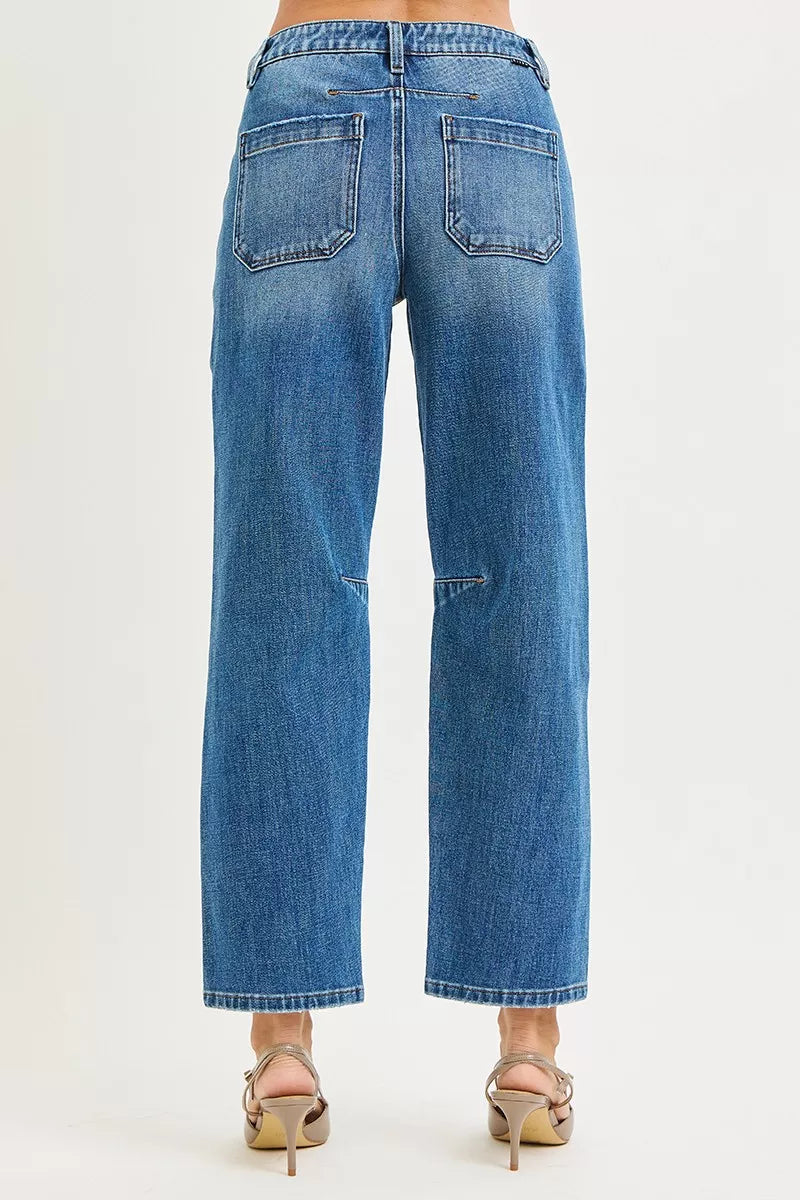 RISEN 4 Way Stretch Mid Rise Barrel Jeans with Patch Pocket Detail - cas7m