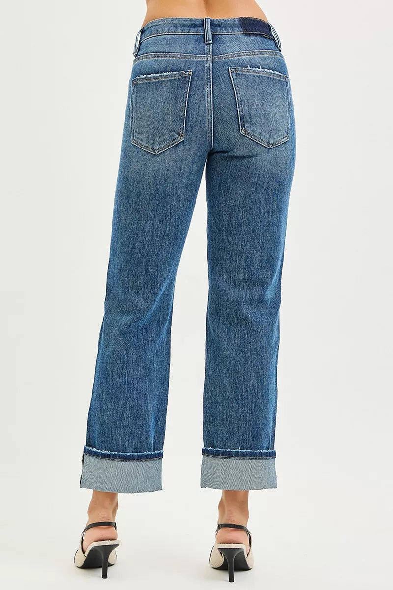 RISEN Full Size 4 Way Stretch Slouchy Straight Jeans with Cuffed Hem Plus Size - cas7m