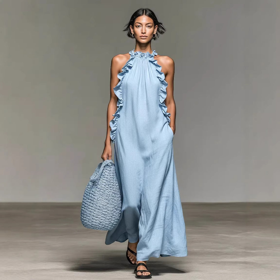 Resort Style Ruffled Halter Neck Sleeveless Maxi Dress - Loose Fit Flattering Flowy Skirt For Party Evening Gown - cas7m
