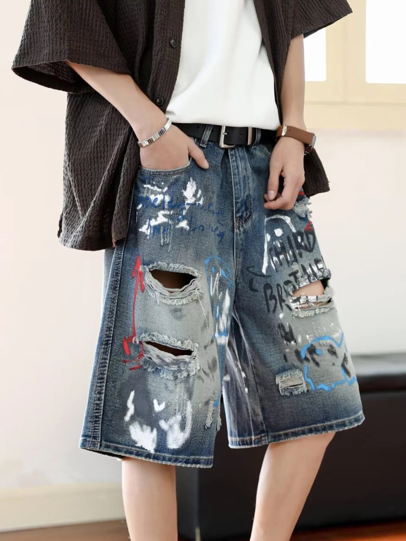 Men's Plus Size Distressed Loose Fit Denim Shorts - cas7m