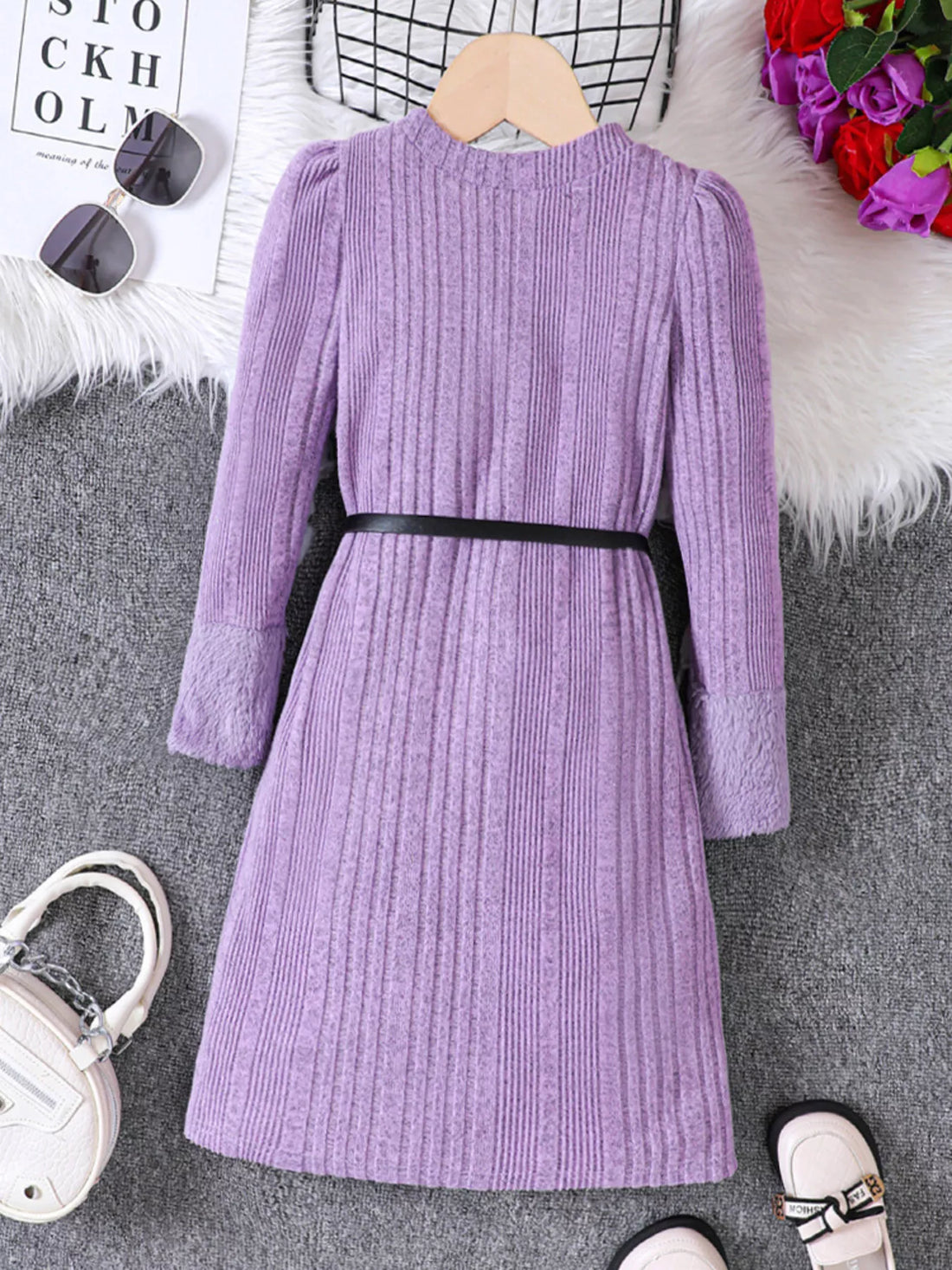 Children's Ribbed Knit Long Sleeve Dress - cas7m