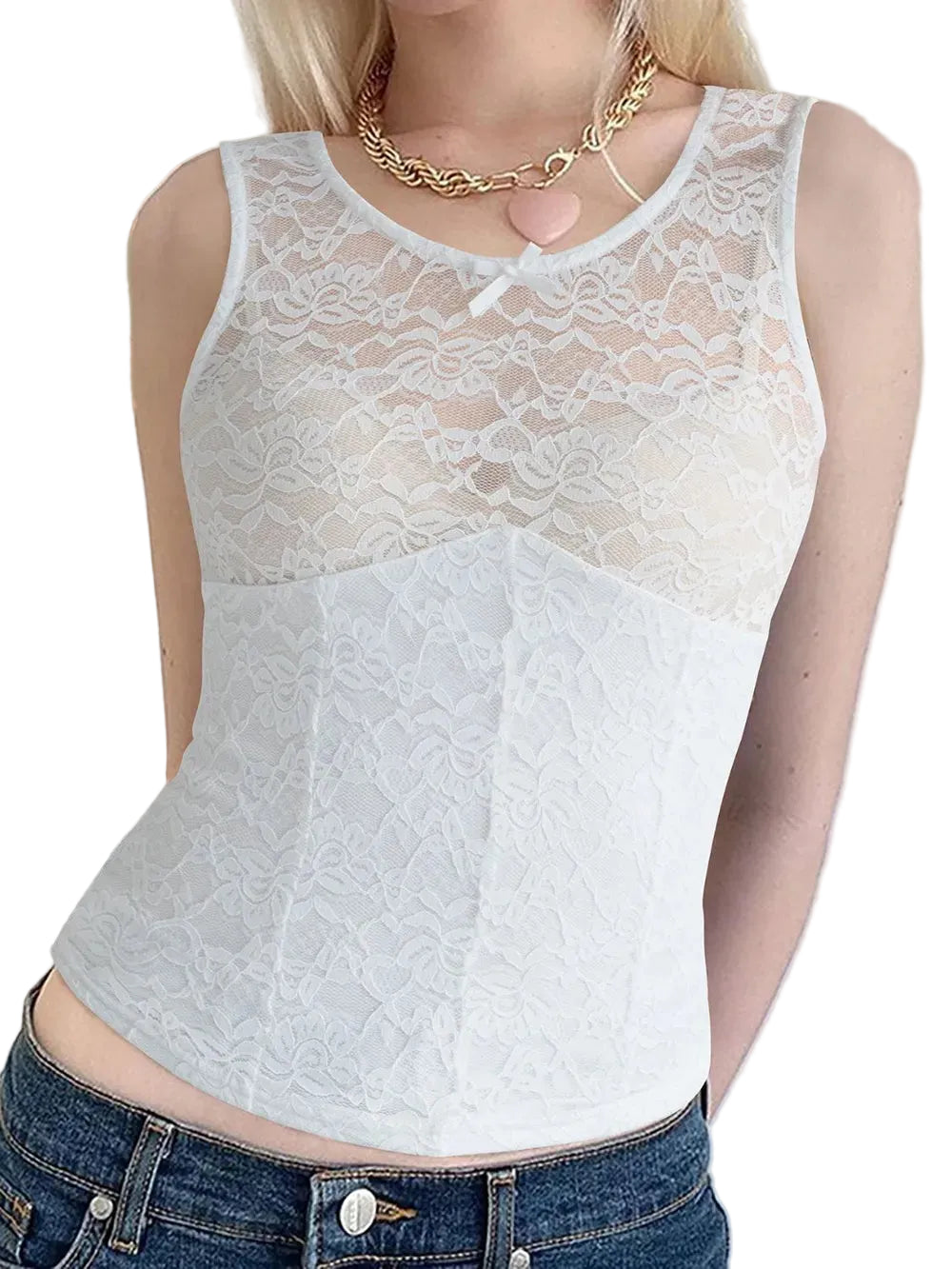 Devine Lace Round Neck Tank - cas7m