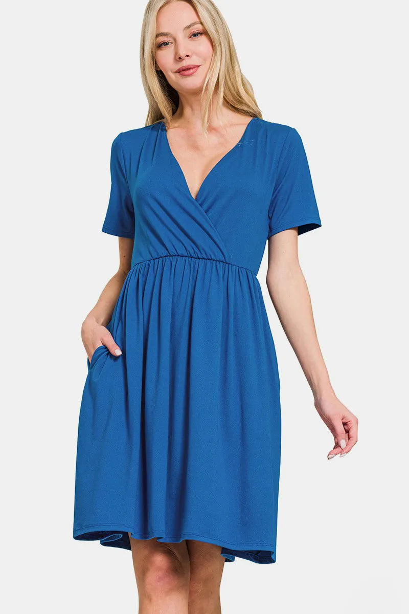 Zenana Surplice Short Sleeve Brushed DTY Dress - cas7m