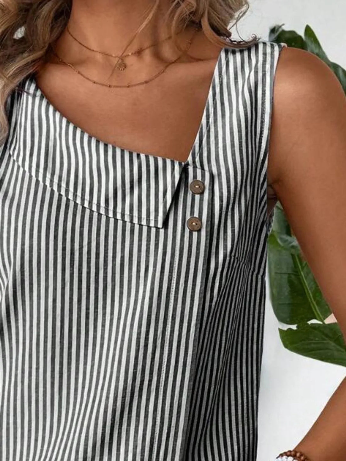 Decorative Button Asymmetrical Striped Tank - cas7m