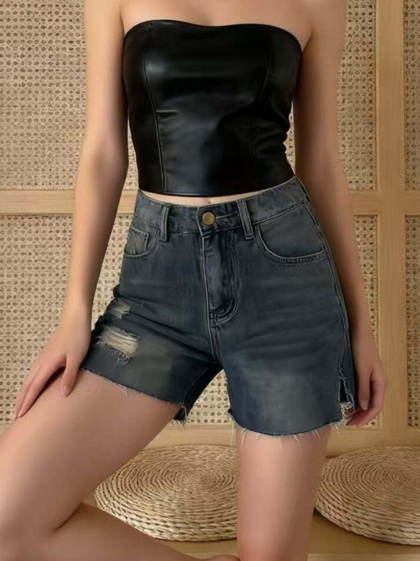 Distressed Slit Denim Shorts - cas7m