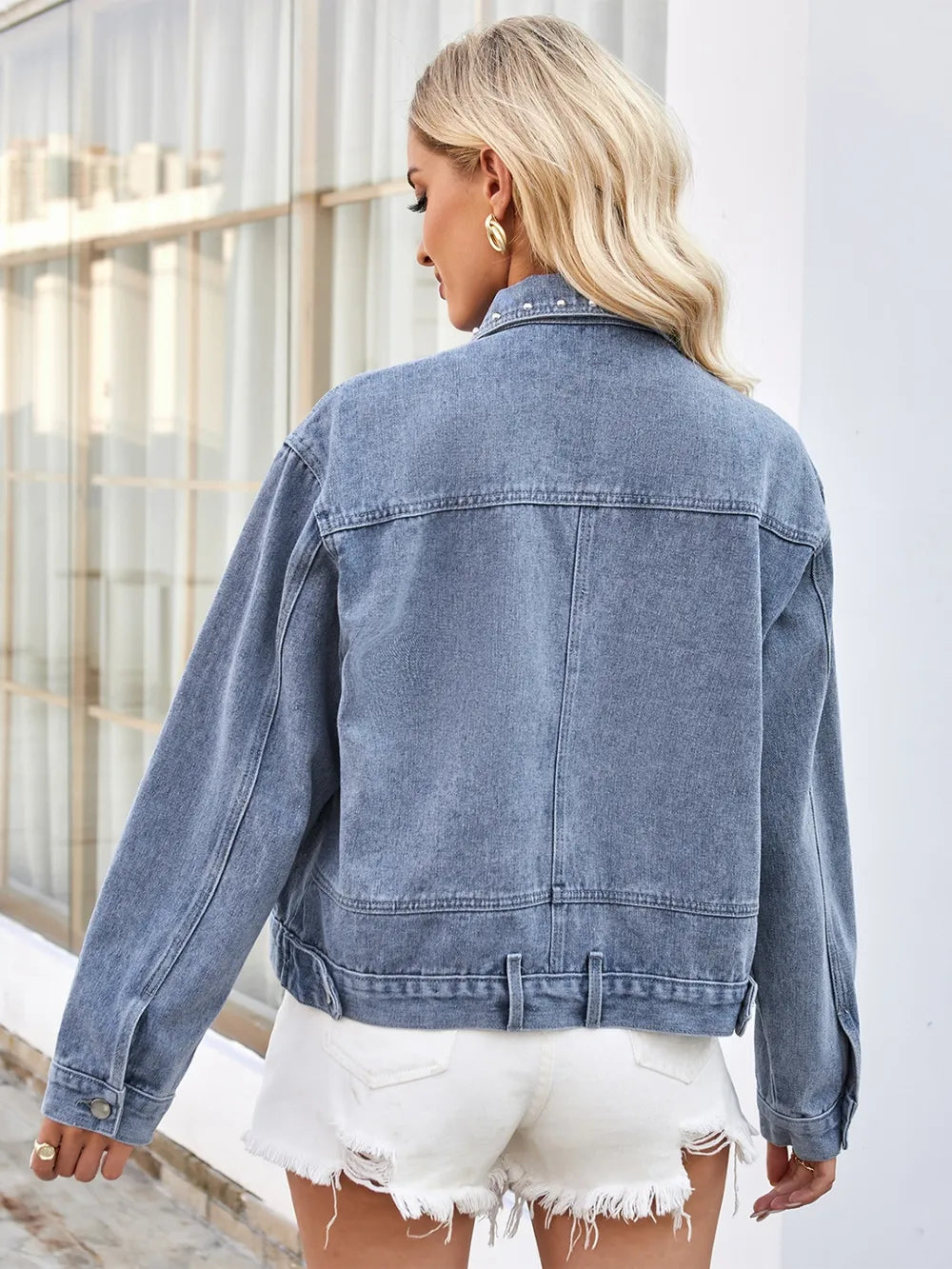 Studded Long Sleeve Denim Jacket - cas7m