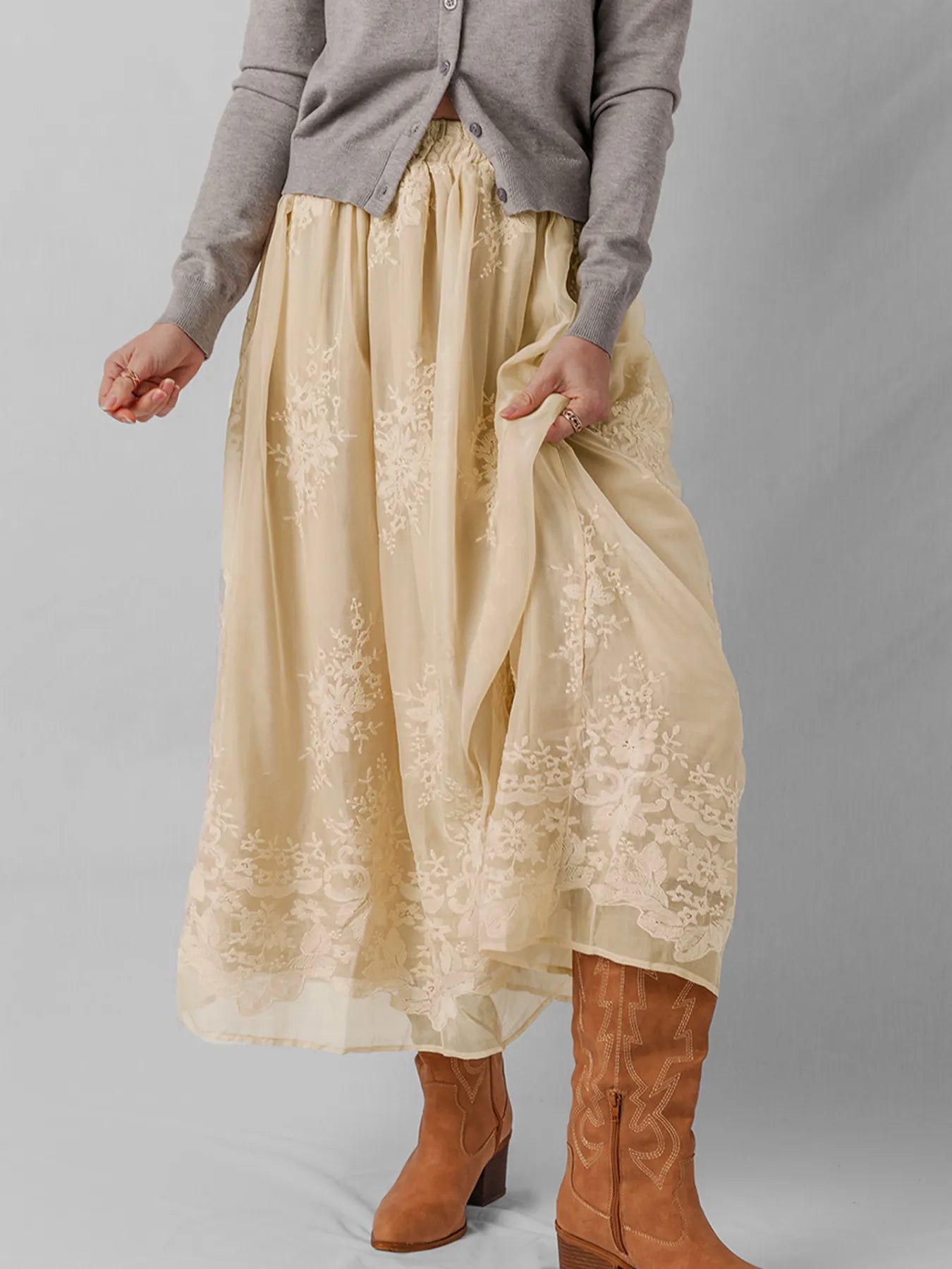 Embroidered Mesh Overlay Flowy Midi Skirt - cas7m