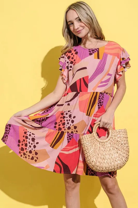 And The Why Printed Double Ruffles Sleeve Dress - cas7m