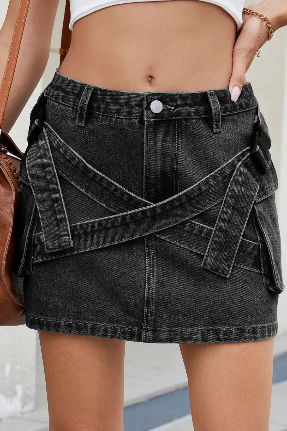 Criss-Cross Waist Detail Denim Mini Skirt - cas7m