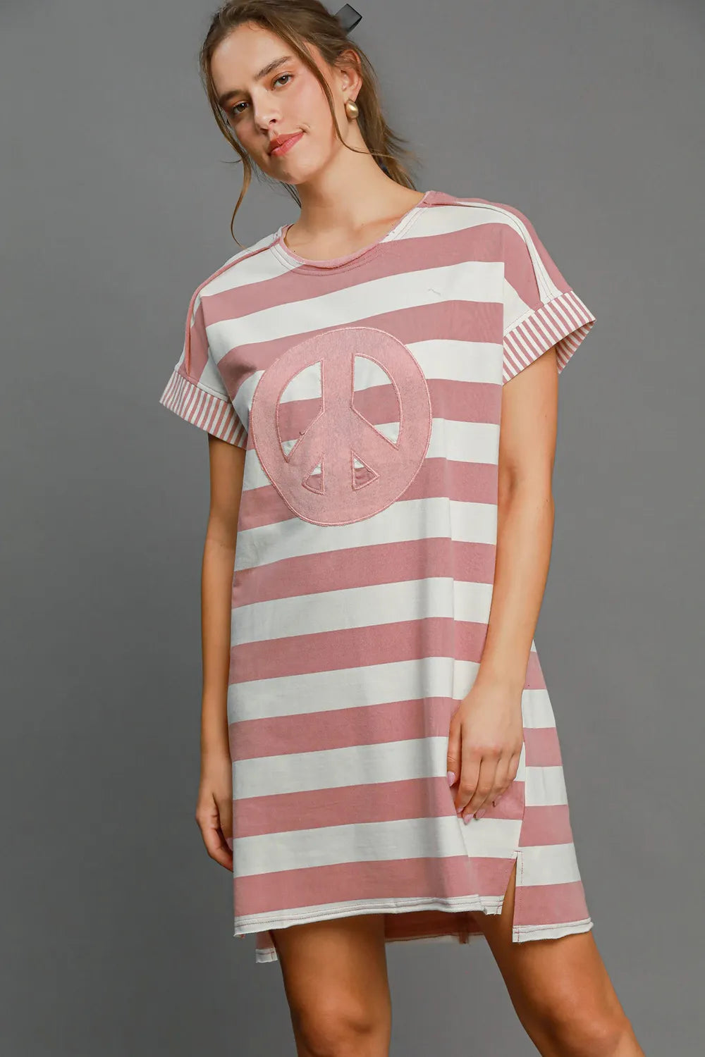 Umgee Peace Applique Striped Short Sleeve Mini Dress - cas7m
