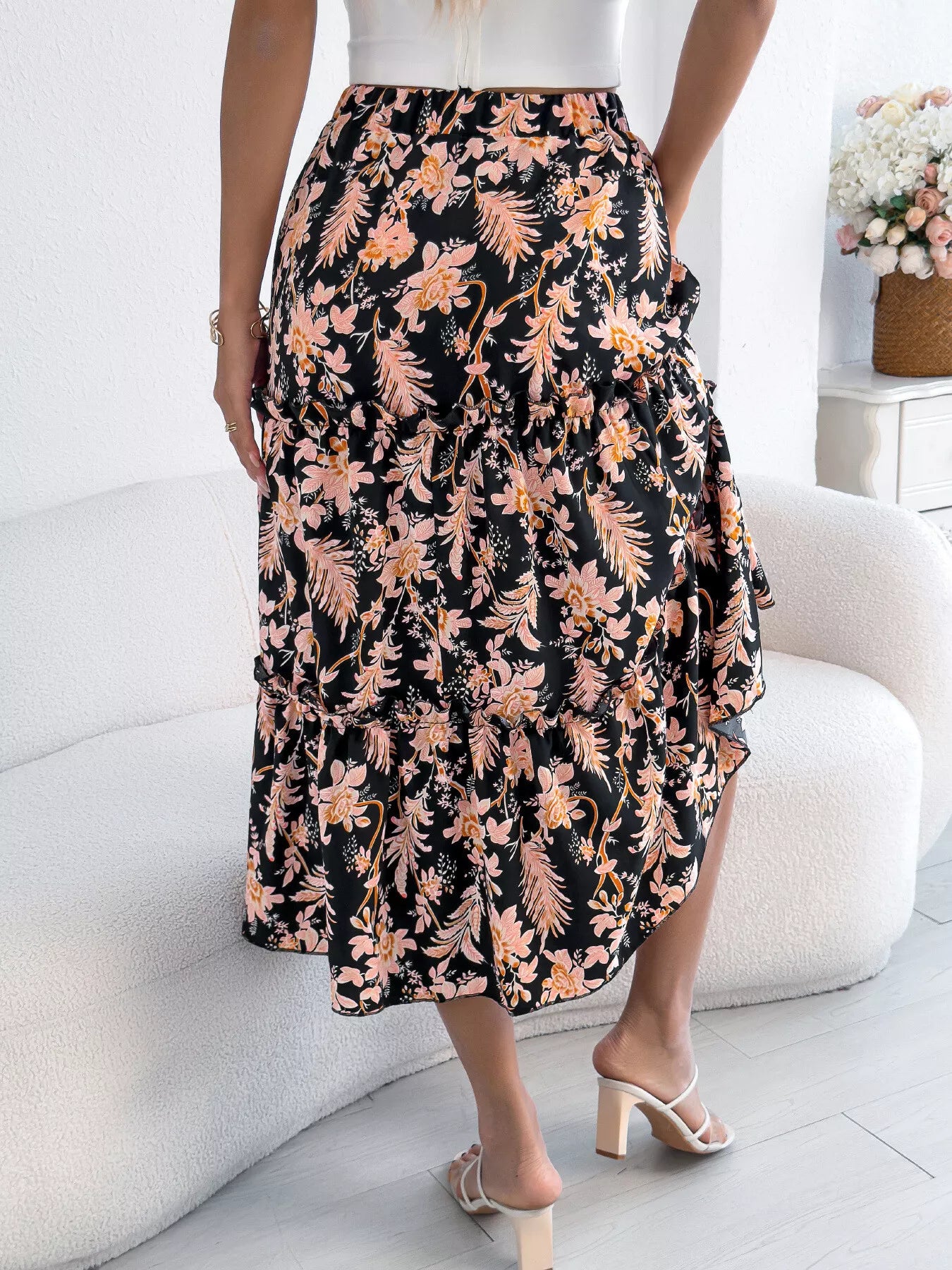 Floral Print Ruffle Hem Flowy Midi Skirt - cas7m
