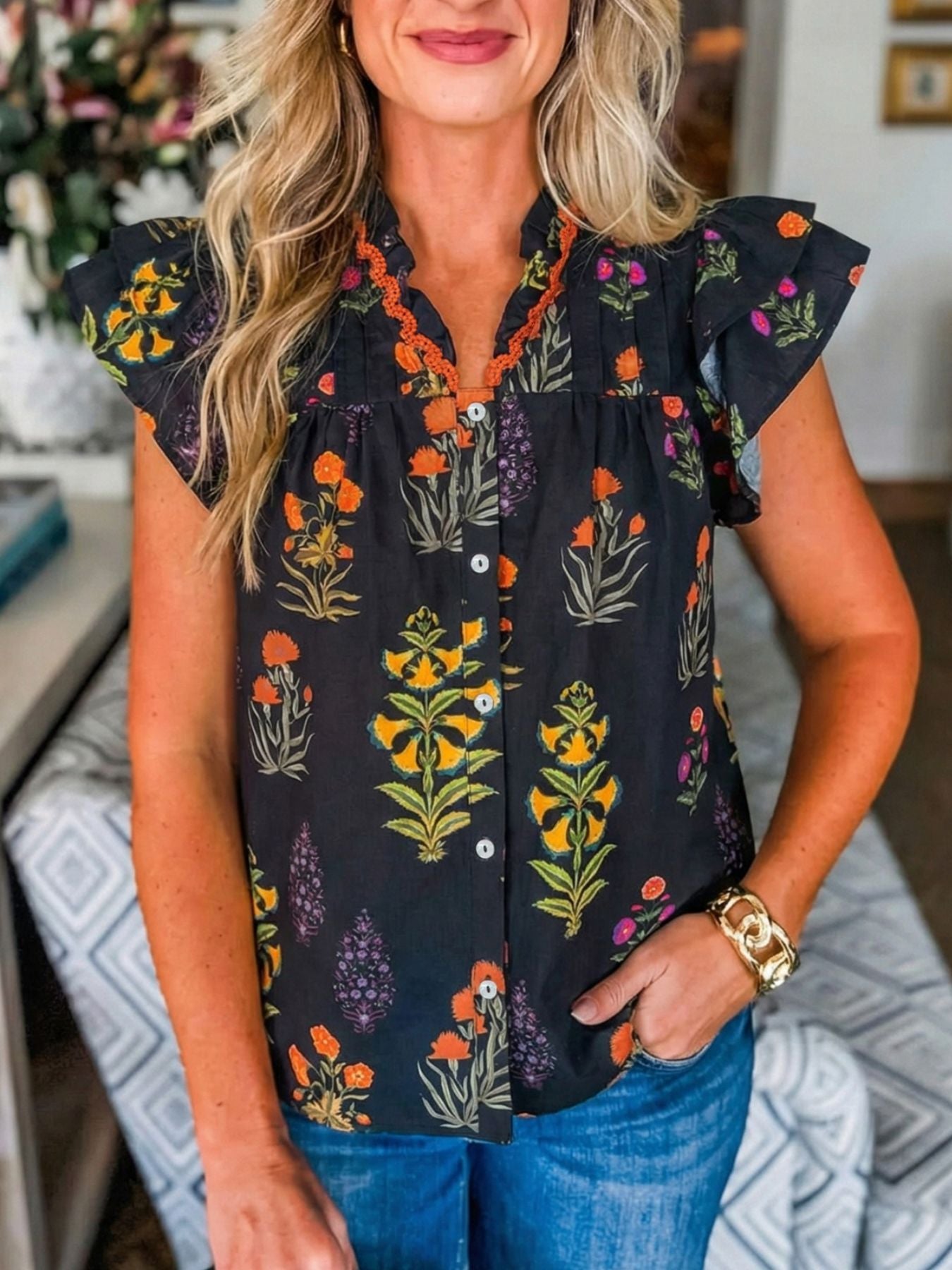 Floral Print Lace Trim Frilled V Neck Short Sleeve Shirt - cas7m