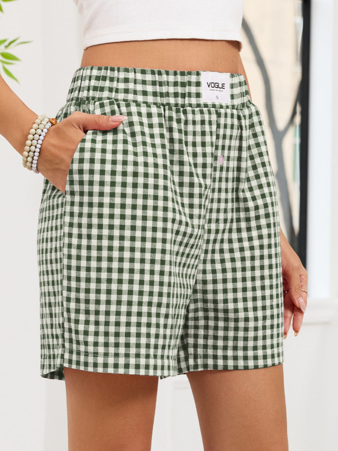 Gingham Elastic Waist Casual Shorts - cas7m