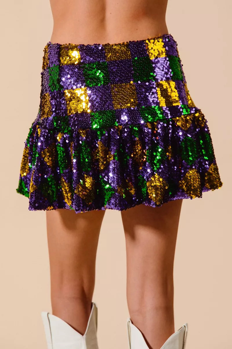 SO ME Mardi Gras Checker Sequins Mini Skirt - cas7m