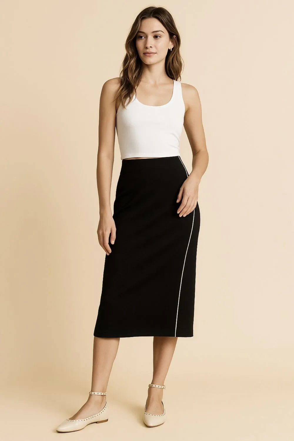 Umgee Midi Pencil Skirt with Contrast Piping Detail - cas7m