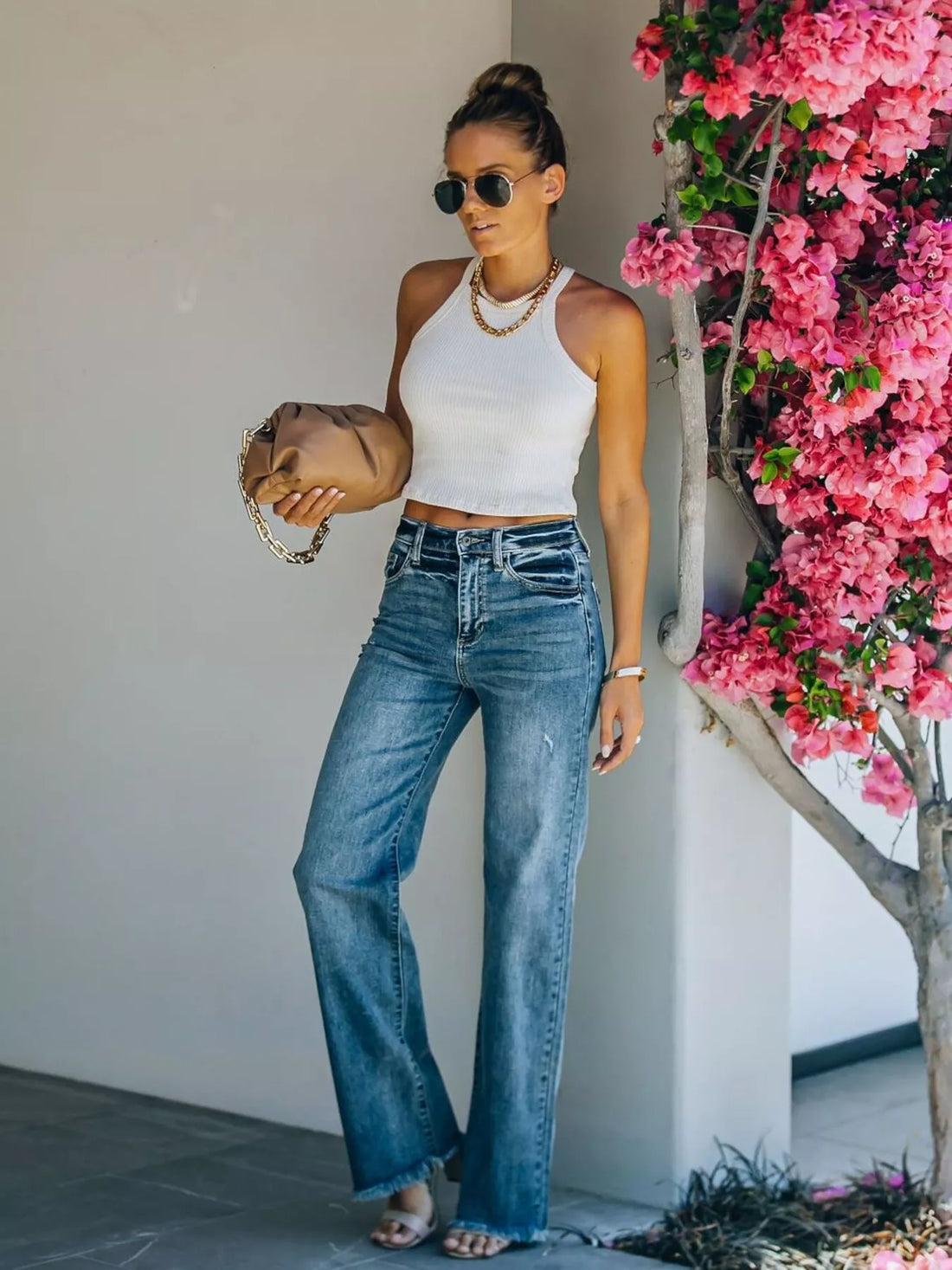 Frayed Hem High-Waisted Wide Leg Jeans - cas7m