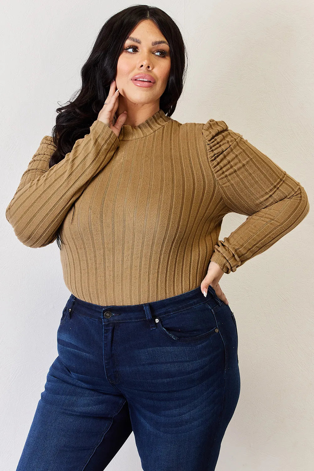 Basic Bae Full Size Ribbed Mock Neck Puff Sleeve T-Shirt - cas7m
