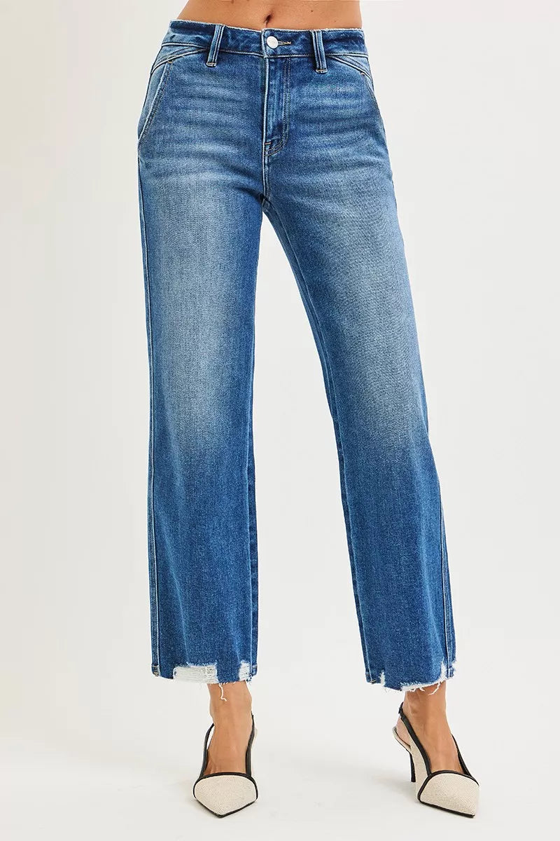 RISEN High Rise Ankle Straight Distressed Hem Detail Jeans - cas7m